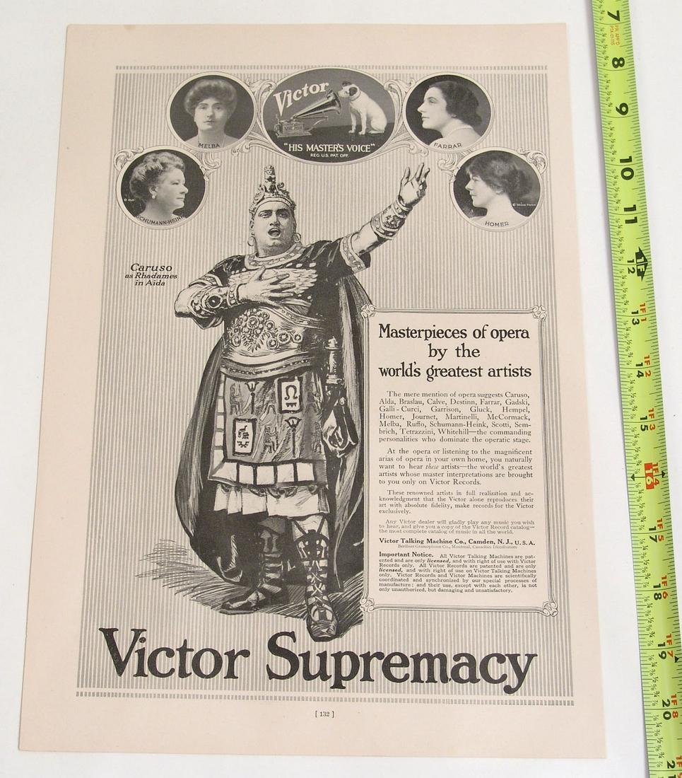 Antique Ad - Caruso, Victor Talking Machine: This is an antique advertisement, taken from a vintage magazine. Win any number of these and they'll be shipped together for one shipping charge.