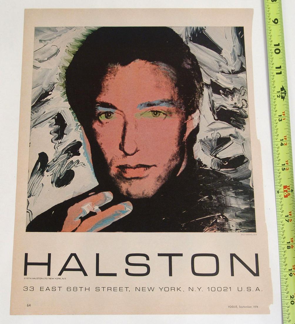 Vintage 1974 Halston Advertisement: This is a vintage advertisement, taken from a vintage magazine. Win any number of these and they'll be shipped together for one shipping charge.
