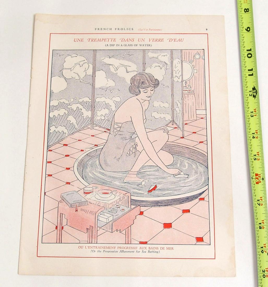 Antique Deco French Frolics Risque Print: This is an antique 1920s print from the erotic French magazine "La Vie Parisienne." Win any number of these and they'll be shipped together for one shipping charge.