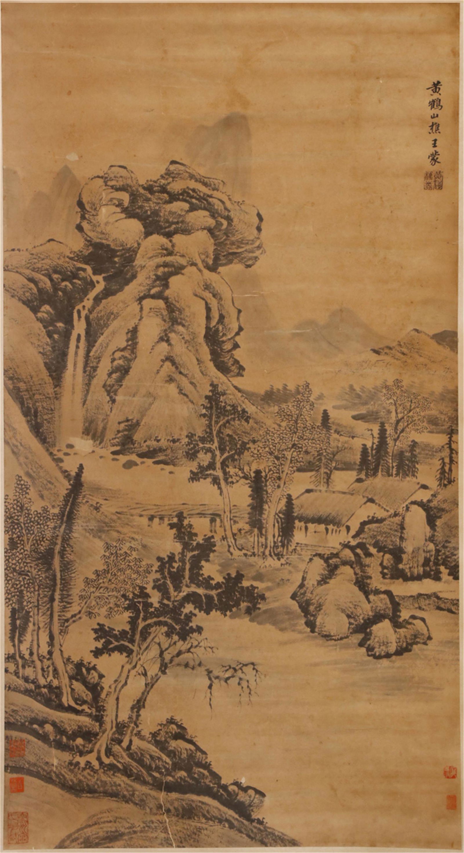 CHINESE HANGING SCROLL OF MOUNTAIN VIEWS BY WANG MENG: Image only size 100 cm by 52.5 cm.