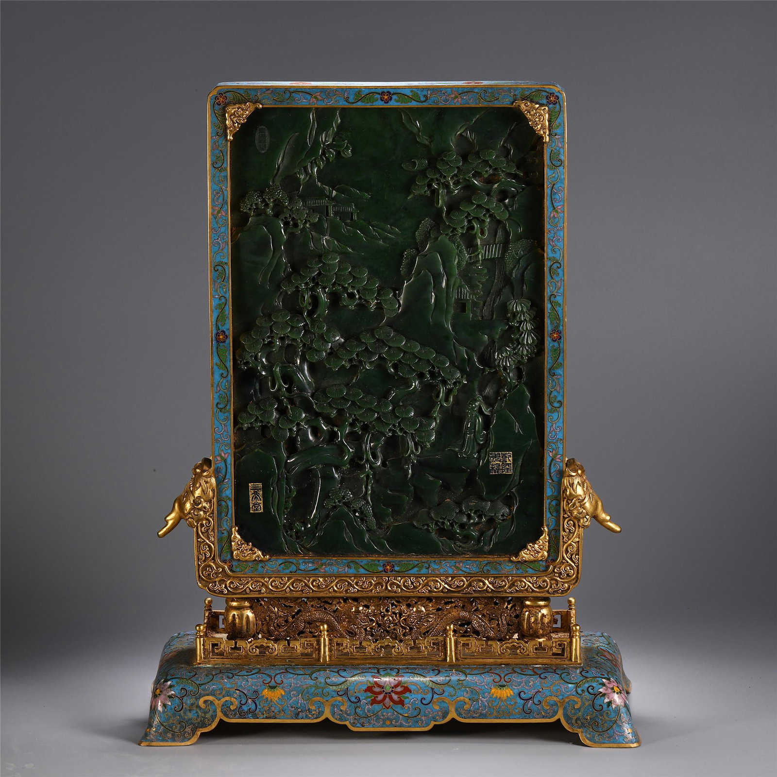 CHINESE CLOISONNE SPINACH JADE CARVED TABLE SCREEN: Total H. 43 cm. L. 33.5 cm. W. 15.8 cm. Total Weight 6350 gram.