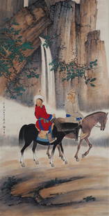 CHINESE PAINTING OF FIGURE ON HORSE BY ZHAO WANGYUN: Image only size 136 cm by 66 cm.