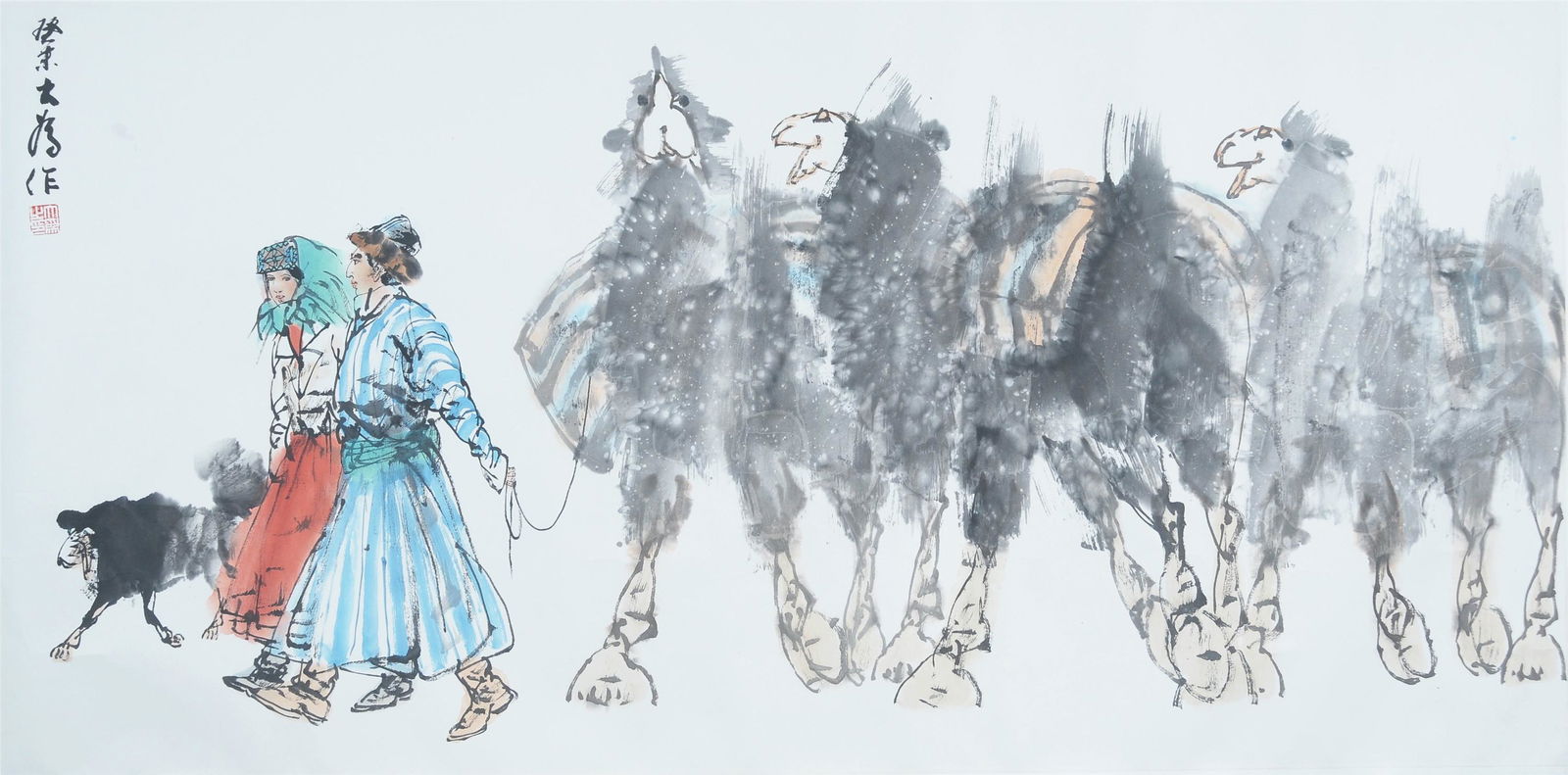 A CHINESE SCROLL PAINTING OF GRAZING CAMEL BY LIU DAWEI: Image only size 67 cm by 136cm