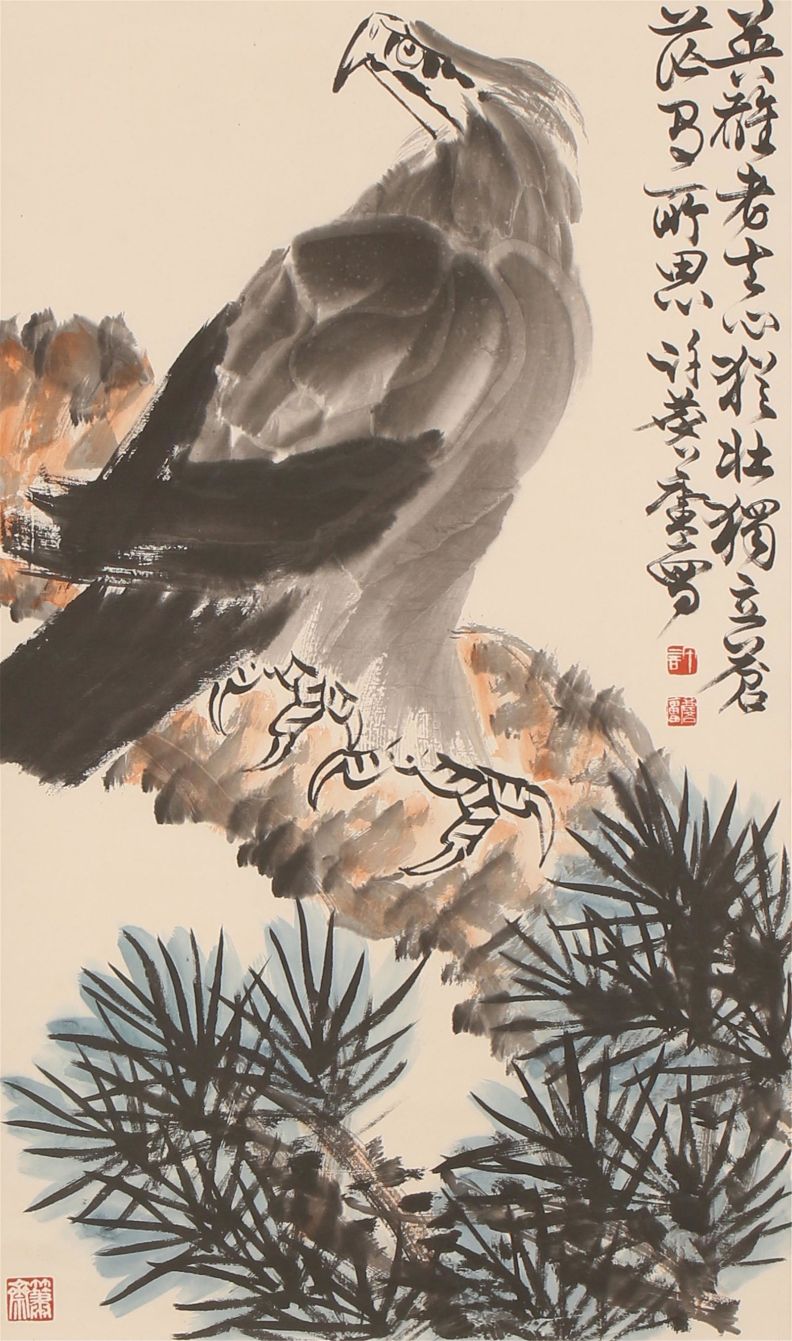 A CHINESE SCROLL PAINTING OF EAGLE BY XU LINLU: Image only size 97 cm by 55 cm.