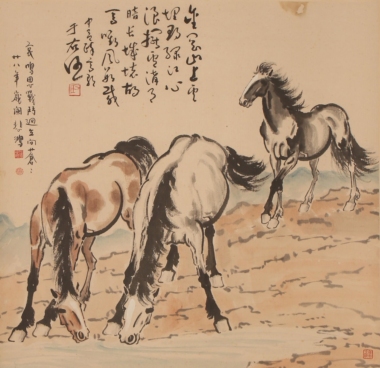 CHINESE PAINTING OF TRIPLE RUNNING STEEDS BY XU BEIHONG: Image only size 98 cm by 101 cm.
