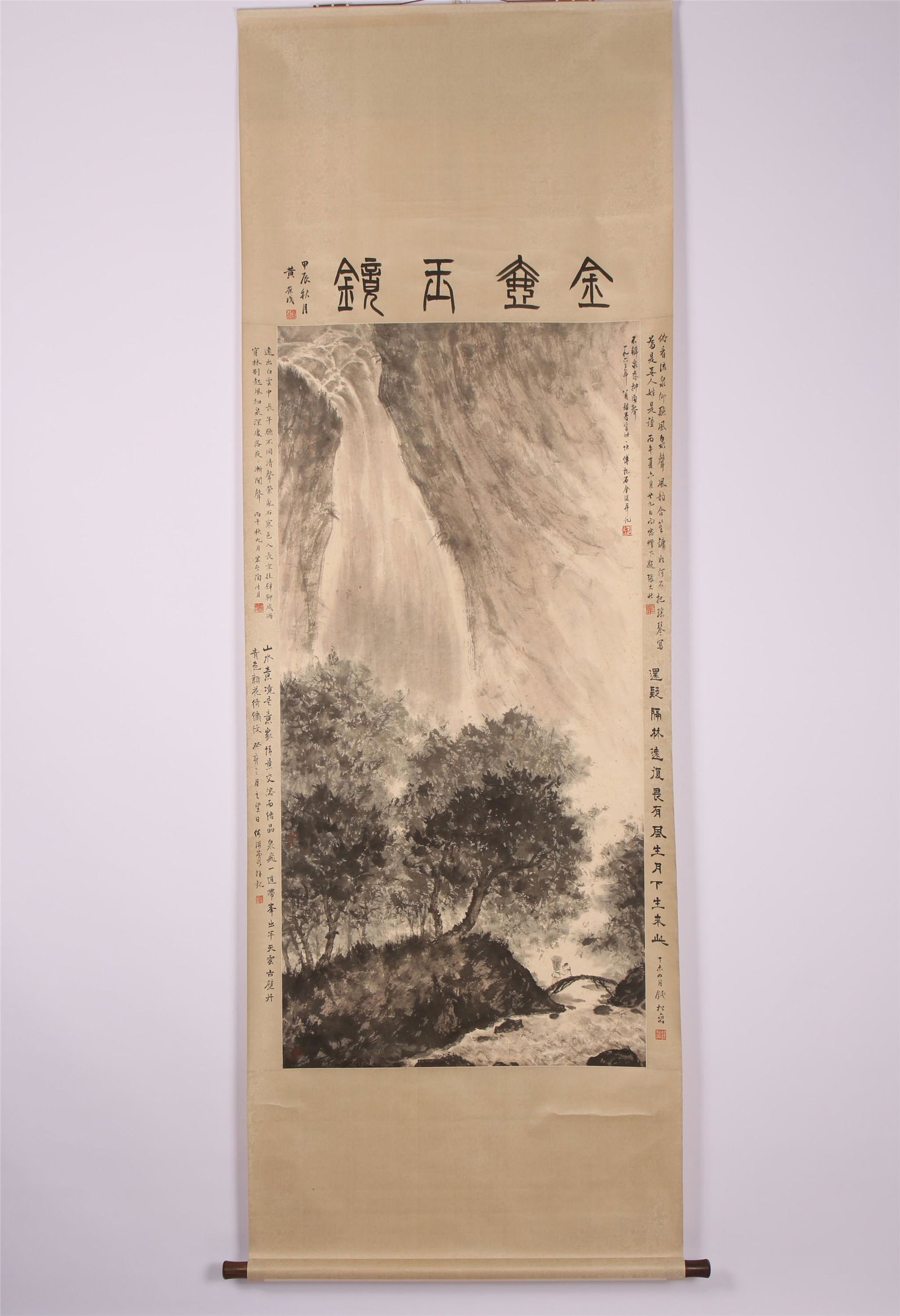 CHINESE PAINTING OF SCHOLAR AND WATERFALL IN MOUNTAIN: Image only size 151 cm by 82 cm.