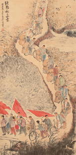 CHINESE PAINTING OF FIGURE AND STORY BY ZHAO WANGYUN: Image only size 119 cm by 57 cm.