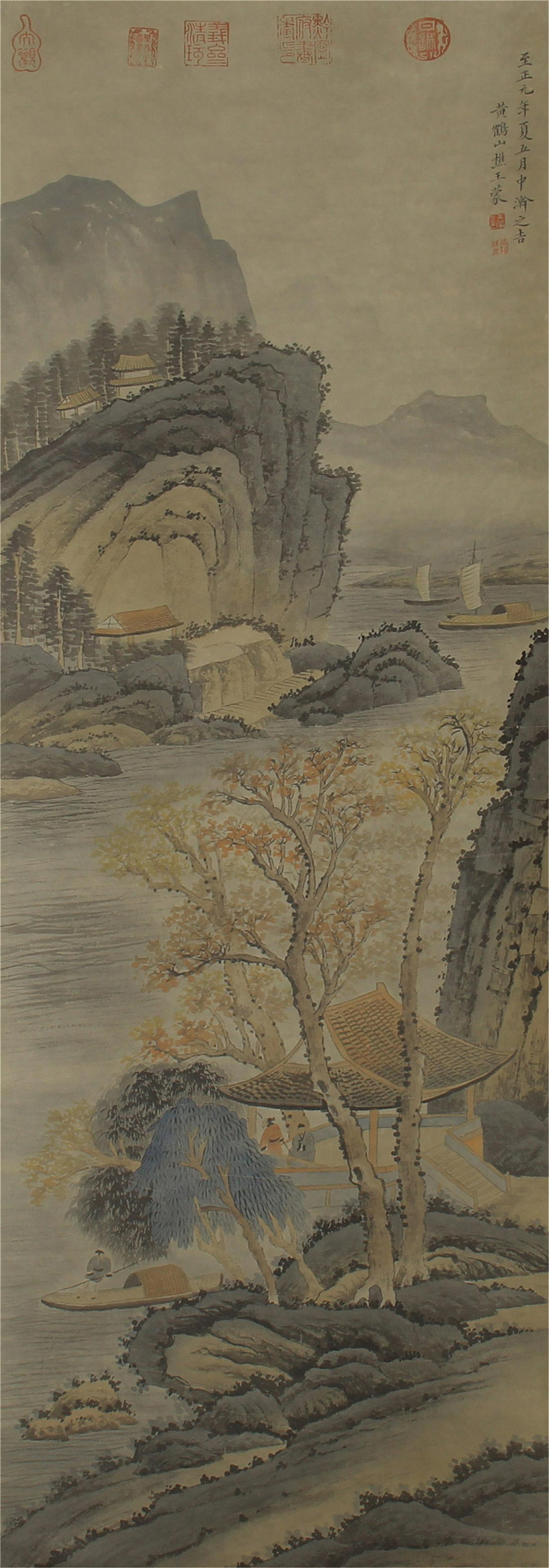 A CHINESE SCROLL PAINTING OF MOUNTAIN AND RIVER BY WNAG: Image only size 110 cm. by 36 cm.