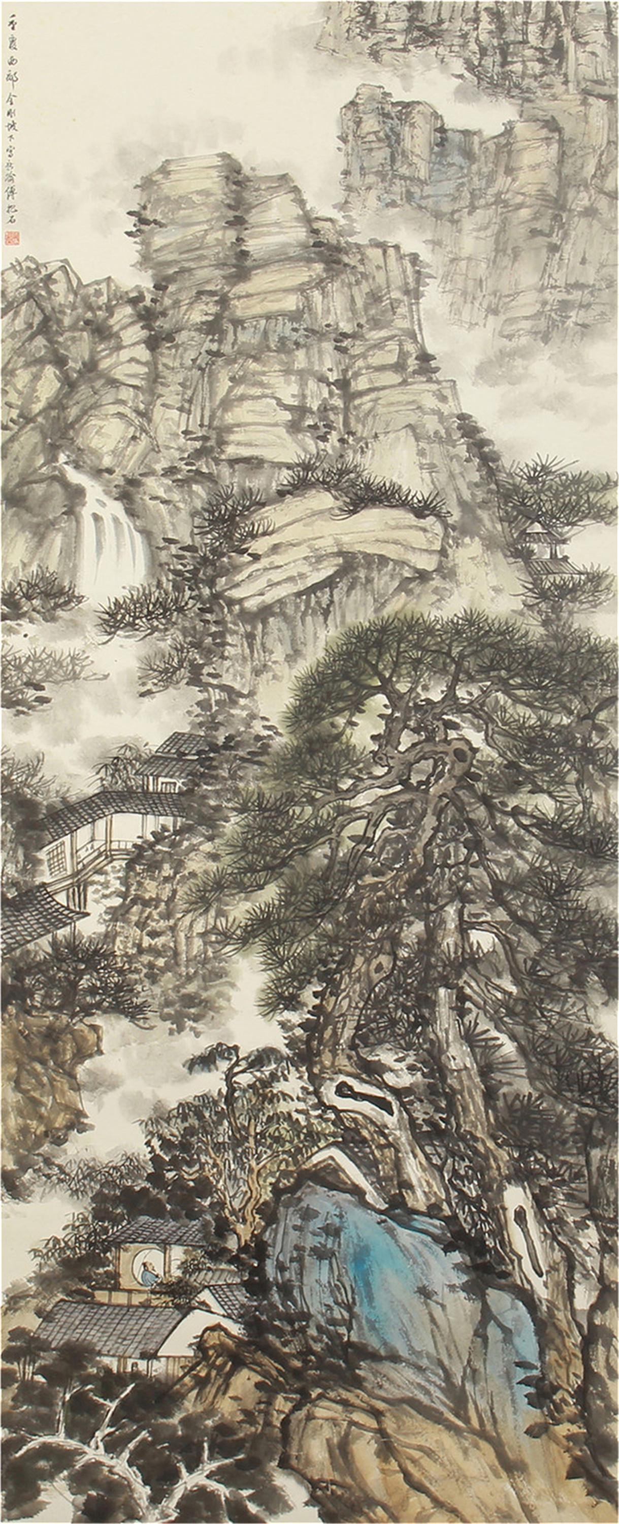 CHINESE SCROLL INK PAINTING OF SCHOLAR IN WOODS BY FU: Image only size 177 cm by 68 cm.