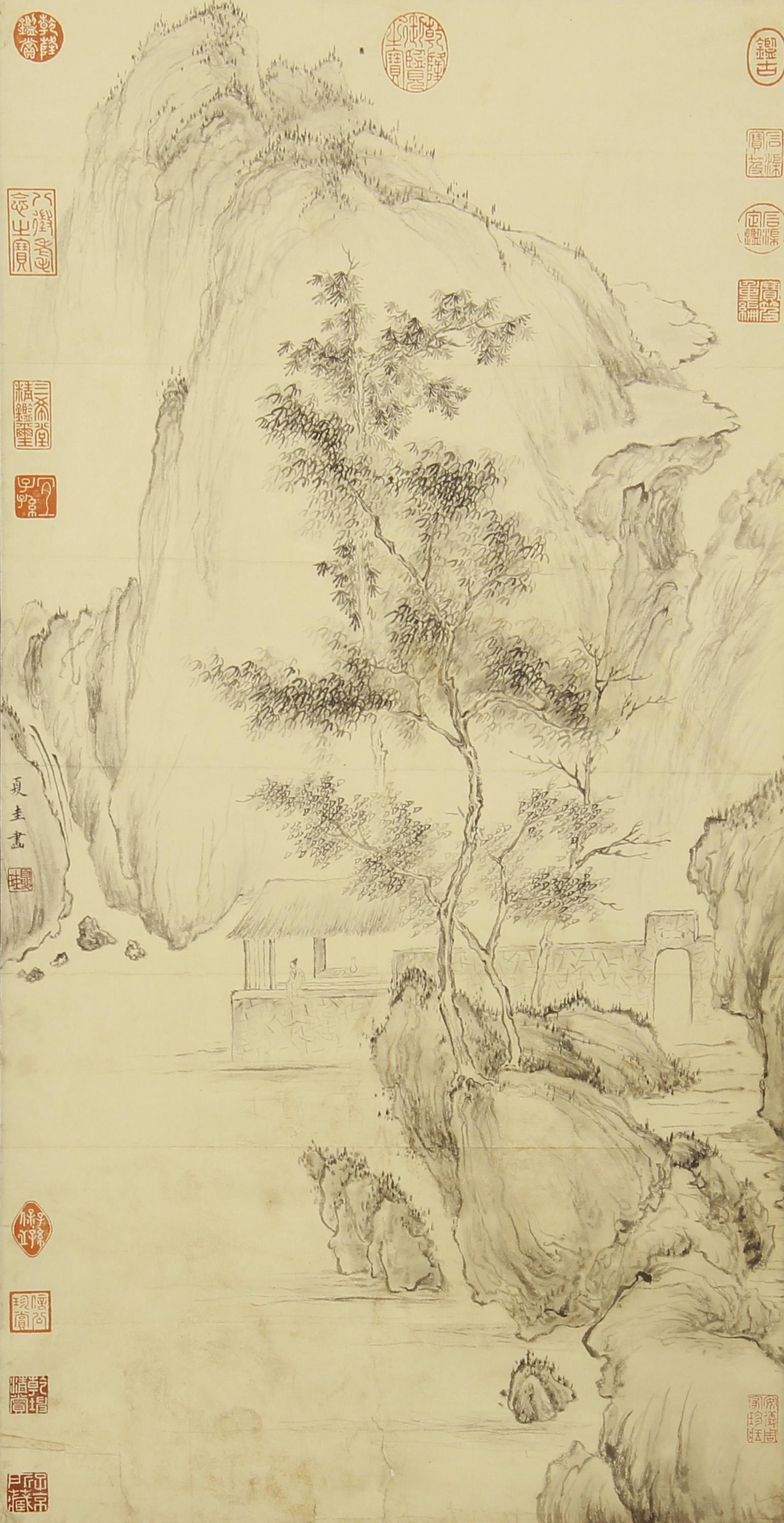 CHINESE SCROLL PAINTING OF FIGURE IN MOUNTAINS BY XIA: Image only size 88 cm by 45 cm.