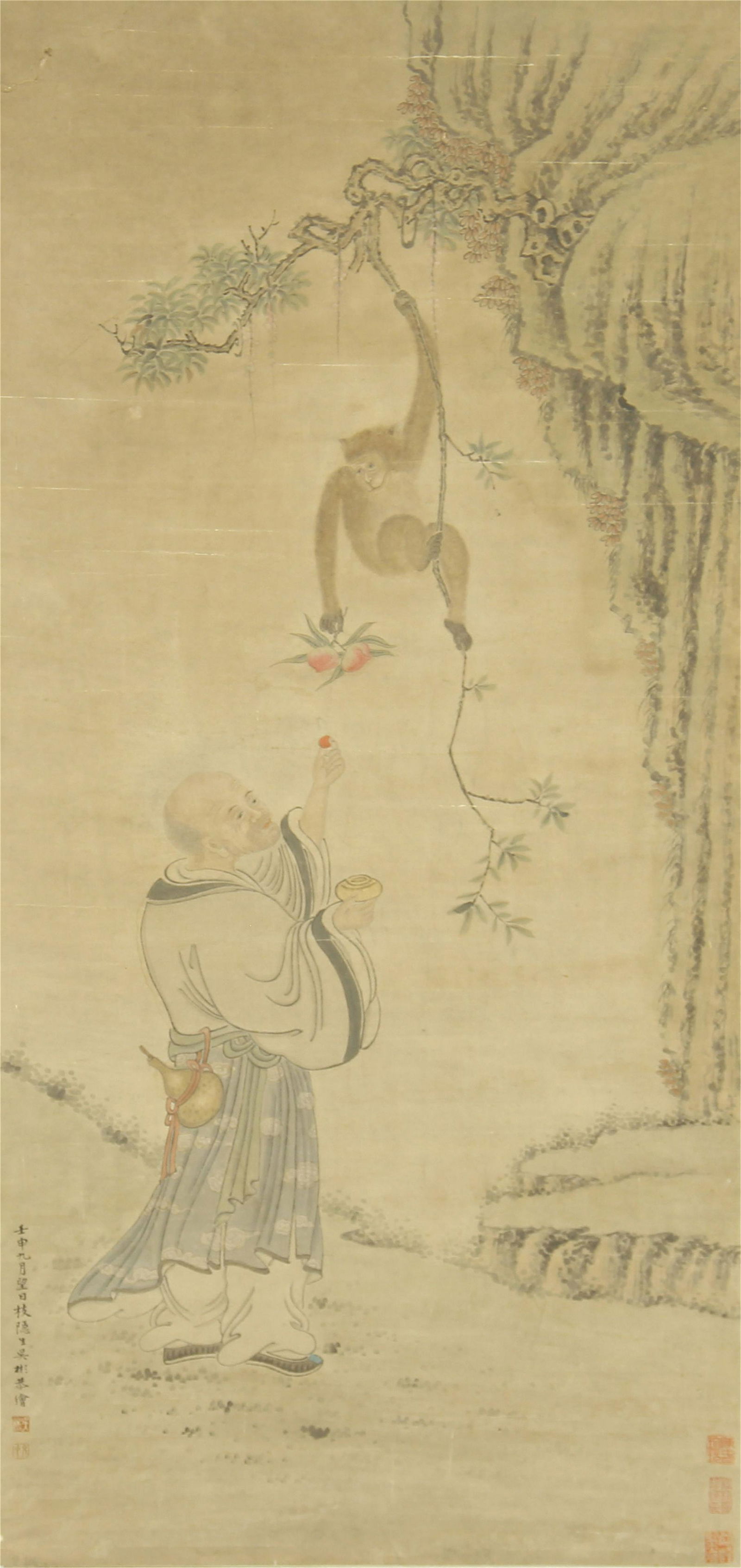 CHINESE SCROLL PAINTING OF MONKEY AND OLD MAN Y WU BIN: Image only size 110 cm by 51 cm.