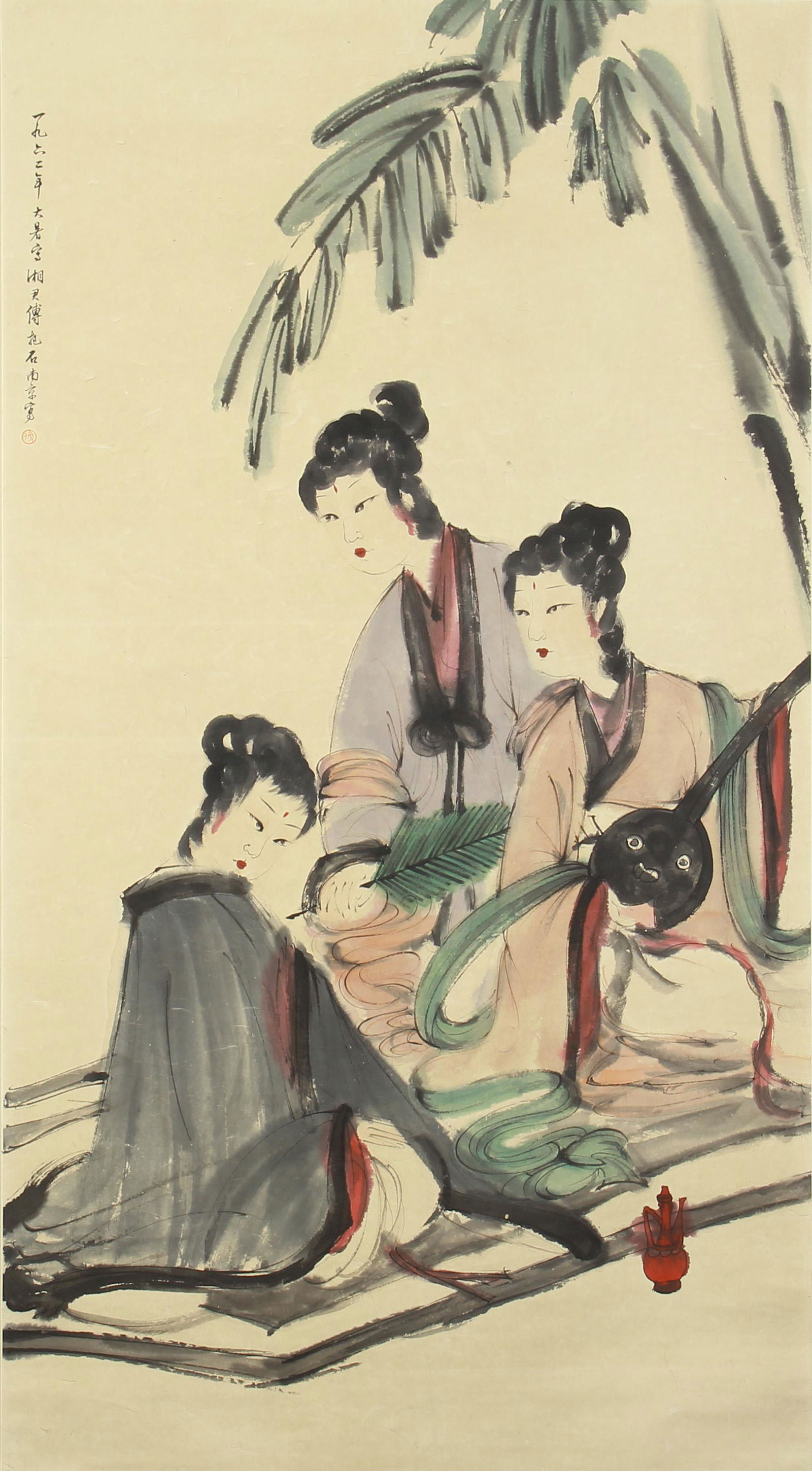 CHINESE SCROLL INK AND COLOR PAINTING FIGURE OF TRIPLE: Image only size 175 cm by 94 cm.