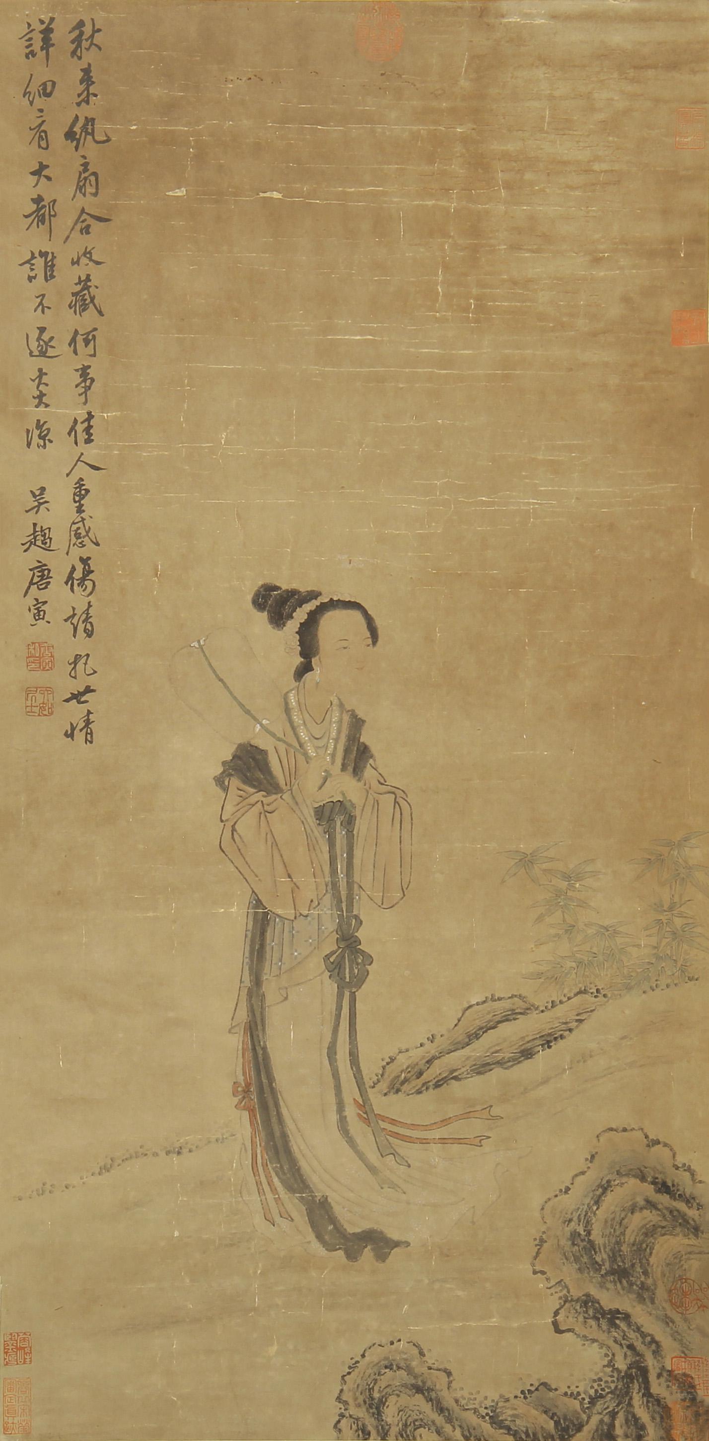 CHINESE SCROLL PAINTING OF BEAUTY FIGURE BY TANG YIN: Image only size 98 cm by 48 cm.