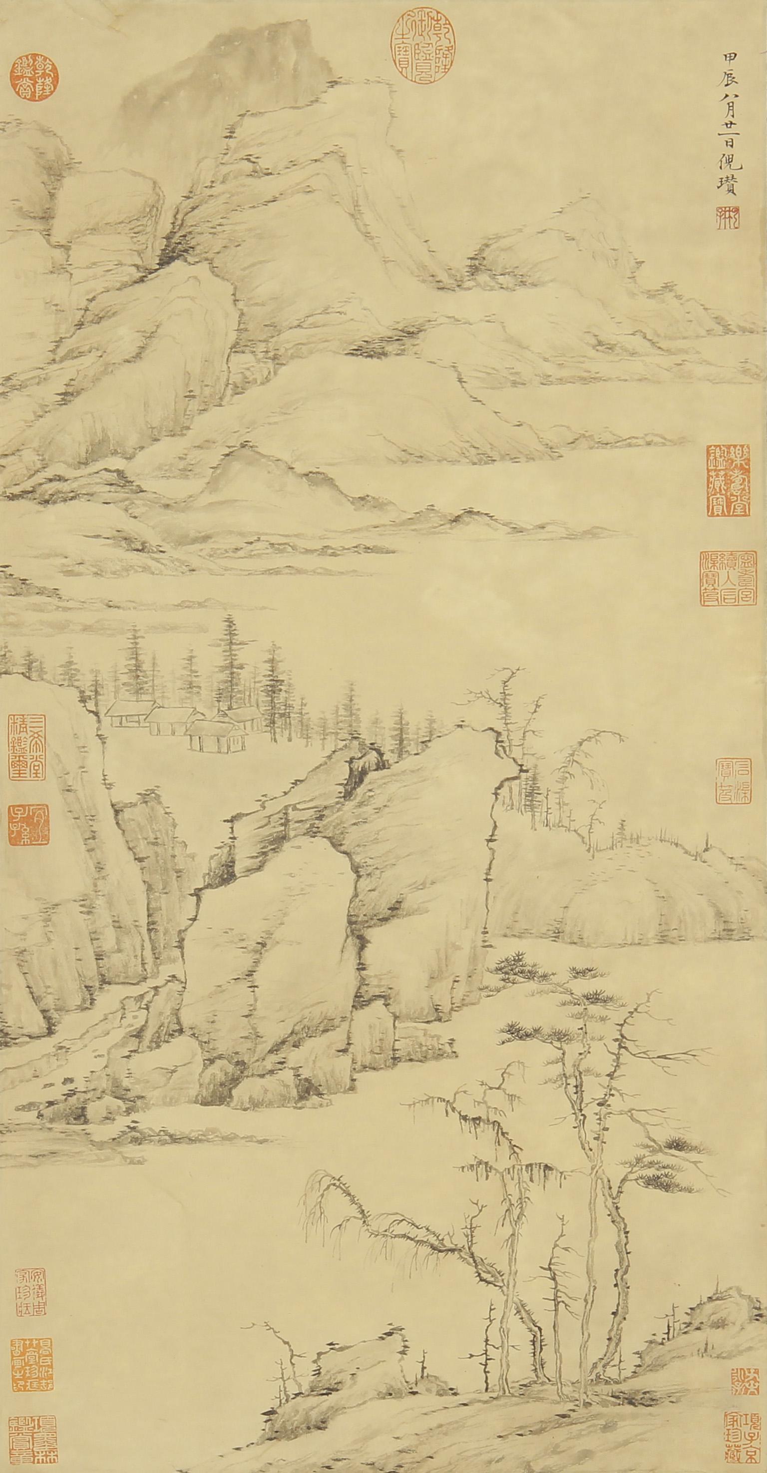 CHINESE SCROLL PAINTING OF WINTER LANDSCAPE BY NI ZAN: Image only size 88 cm by 44 cm.