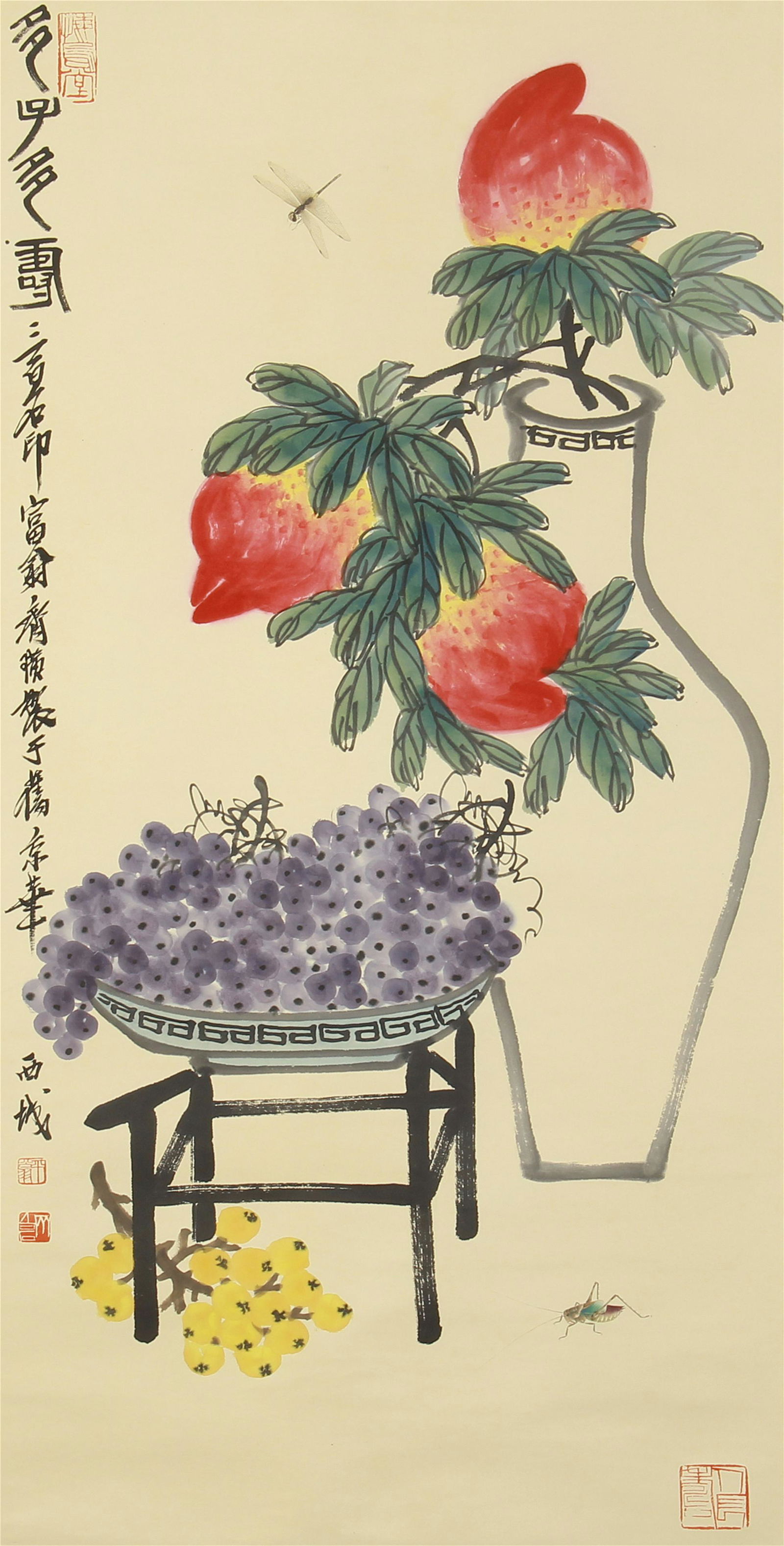 CHINESE SCROLL INK AND COLOR PAINTING OF LONGEVITY: Image only size 138 cm by 66 cm.