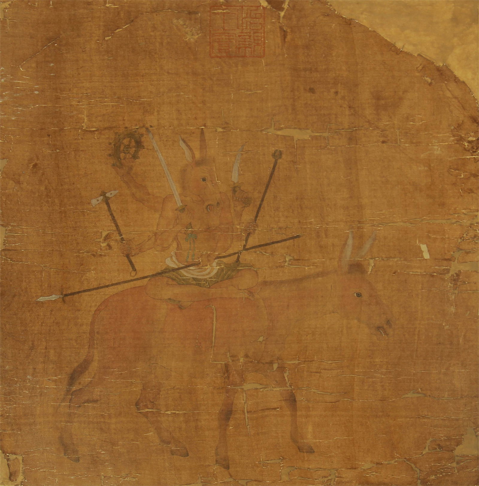 A CHINESE SCROLL PAINTING OF FIGURE HORDING WEAPONS: Image only size 34 cm by 32 cm.