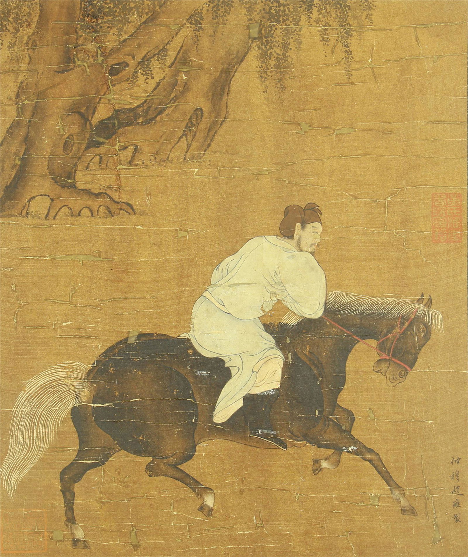 A CHINESE SCROLL PAINTING OF RIDING HORSE BY ZHAO YONG: Image only size 32.5 cm by 26.5 cm.