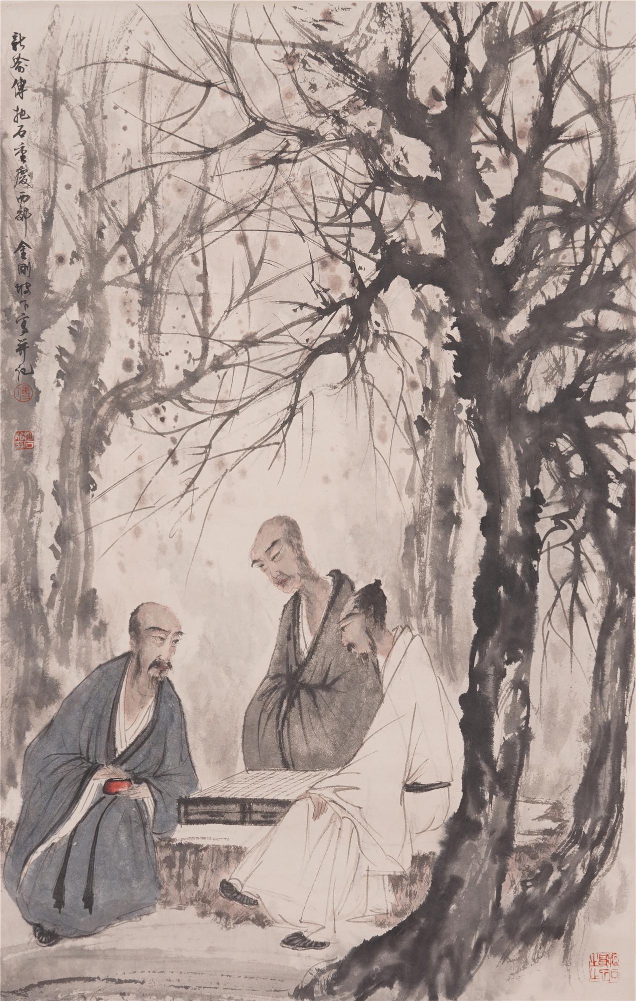 A CHINESE SCROLL PAINTING OF ELDER IN FOREST: Image only size 76 cm by 48 cm.