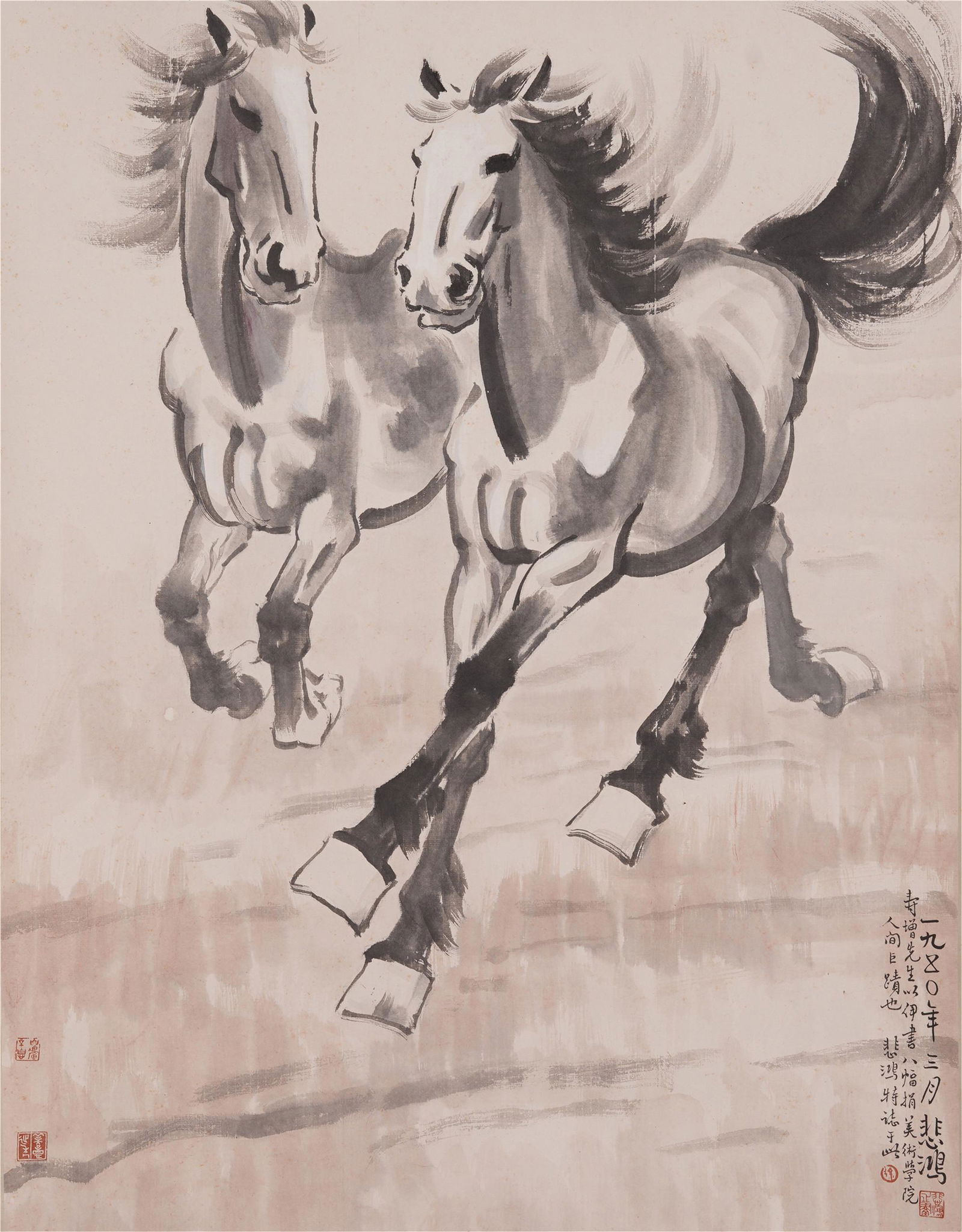 A CHINESE SCROLL PAINTING OF FINE HORSES: Image only size 96 cm by 75 cm.