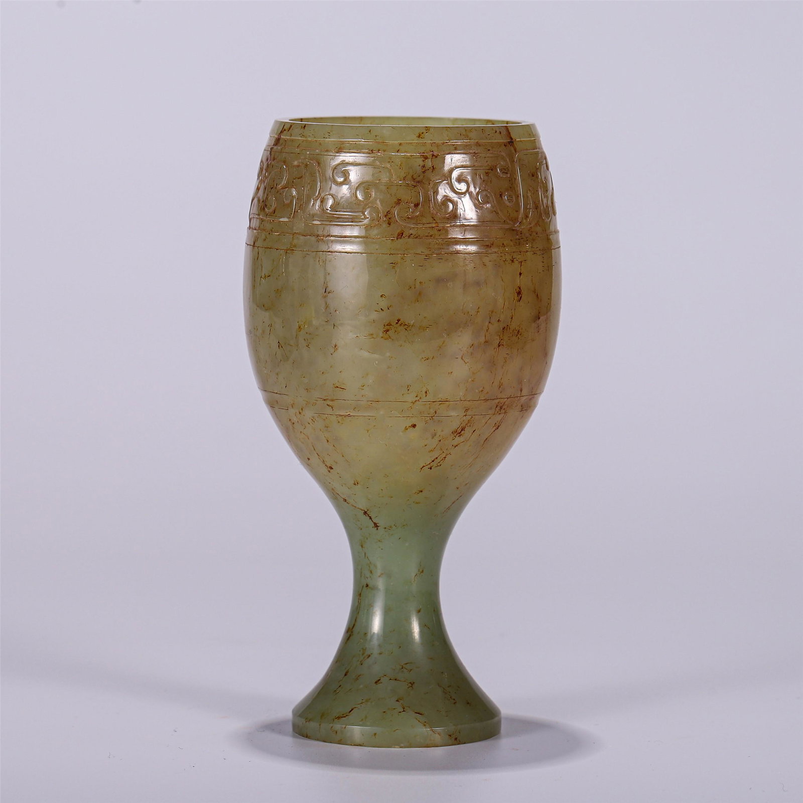 CHINESE HETIAN JADE AUSPICIOUS PATTERN HIGH FOOTED CUP: Diam. 7 cm. H. 14 cm. Weight 260 gram.