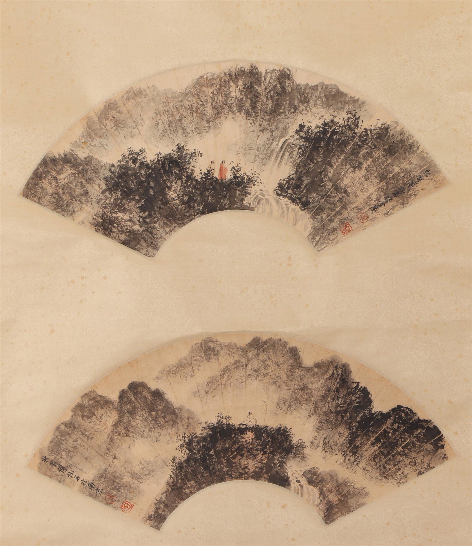 A CHINESE FAN SHAPE PAINTING MOUNTAINS LANDSCAPE: Image only size 55 cm by 19 cm.