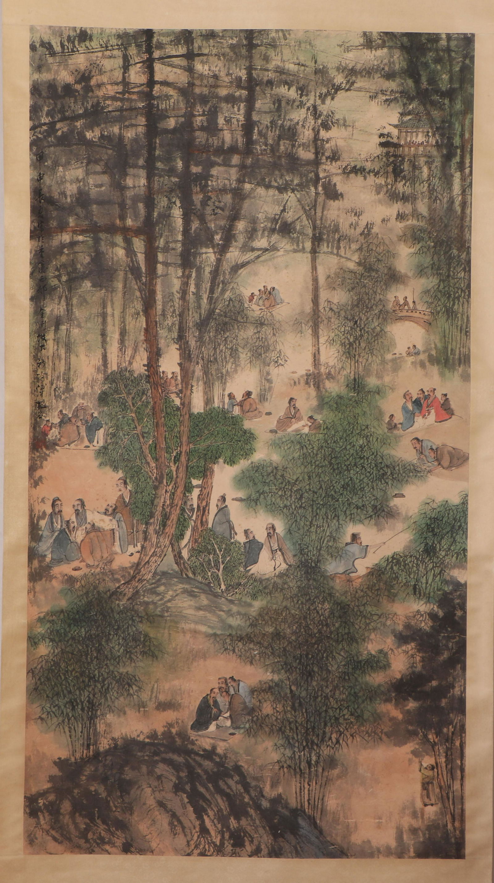 A CHINESE SCROLL PAINTING FIGURE STORY: Image only size 177 cm by 96 cm.