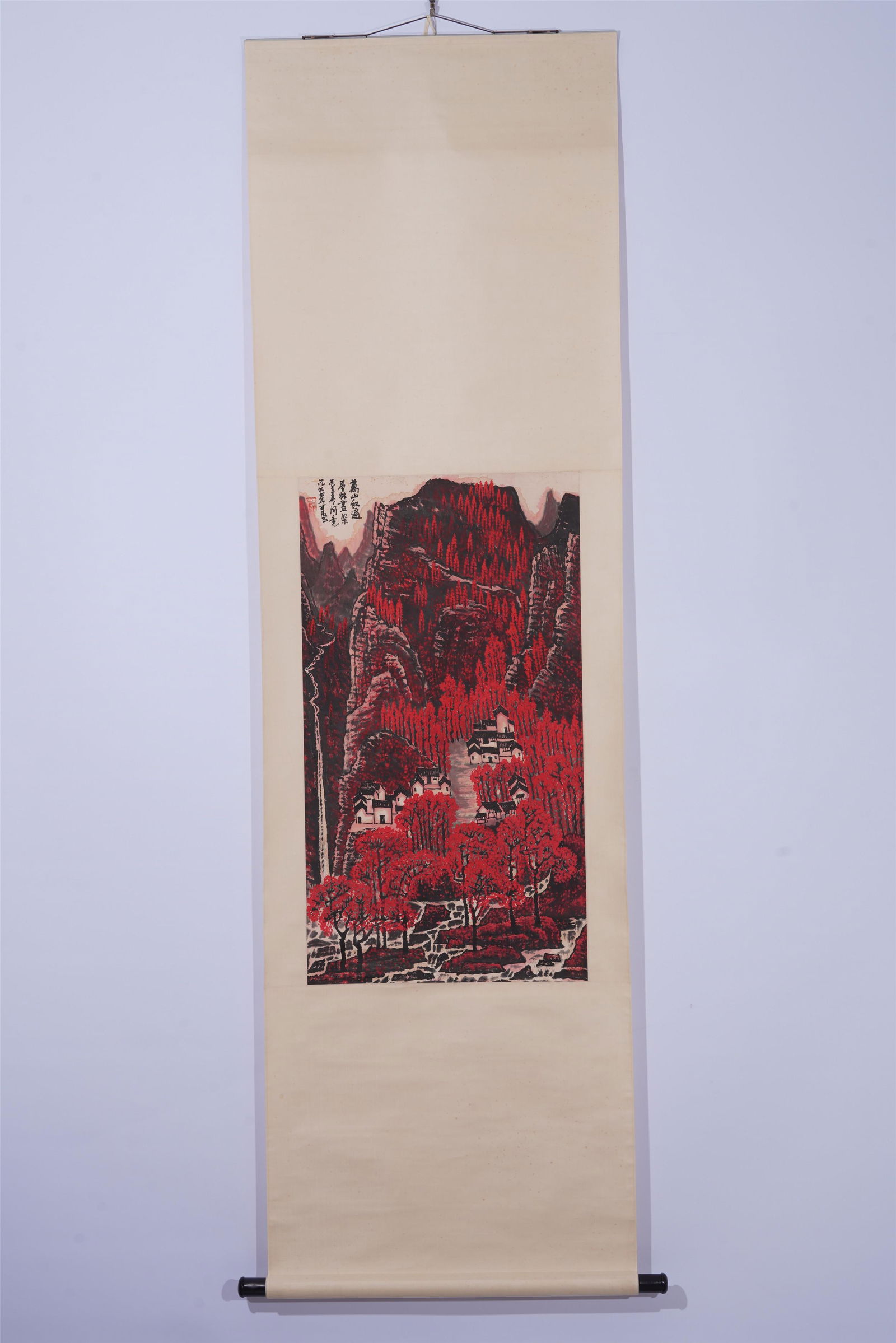 A CHINESE PAINTING RED MOUNTAINS LANDSCAPE: Image only size 88 cm by 49 cm.