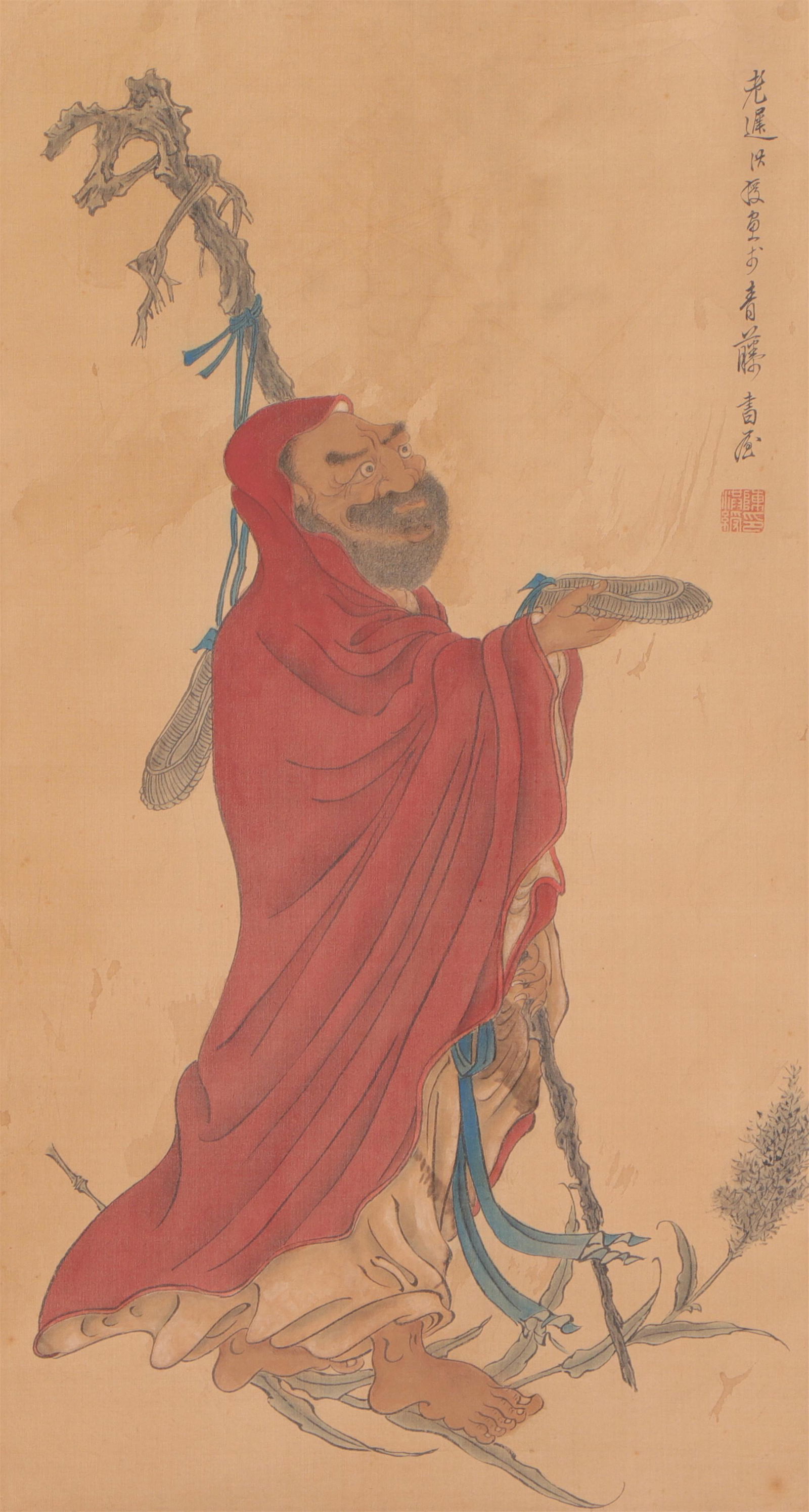 A Chinese Painting of Arhat in Red Robe: Image only size 65 cm by 35 cm.