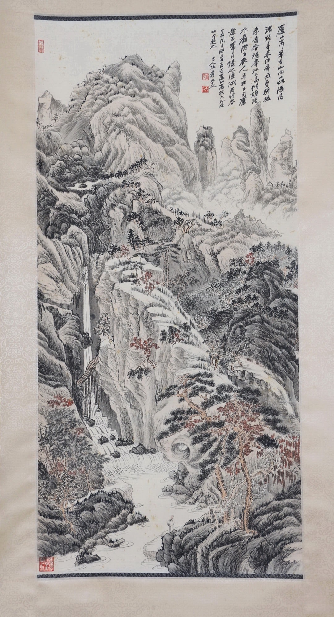 A CHINESE PAINTING OF MOUNTAINS LANDSCAPE: Image only size 104 cm by 49 cm.