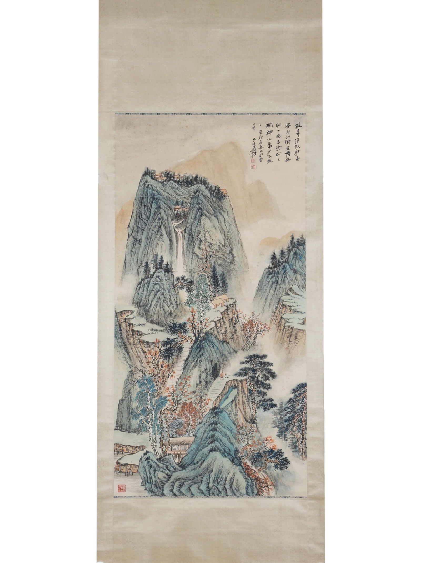 A CHINESE PAINTING OF MOUNTAINS LANDSCAPE: Image only size 136 cm by 65 cm.