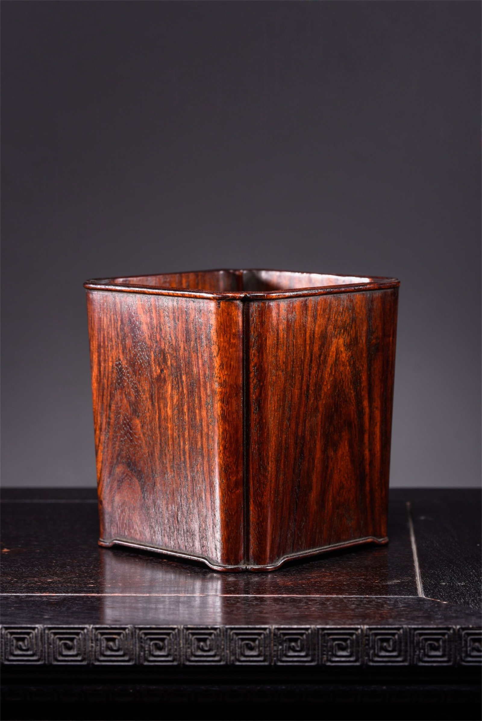 A Chinese Carved Hardwood Square Brush Pot: A Chinese Carved Hardwood Square Brush Pot. Ht. 14.5cm, Wd. 14.5cm,