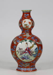 A Chinese Iron-Red Ground Famille-Rose Porcelain Double-Gourd Vase: A Chinese Iron-Red Ground Famille-Rose Porcelain Double-Gourd Vase. Ht. 22.2cm, Wd. 12cm
