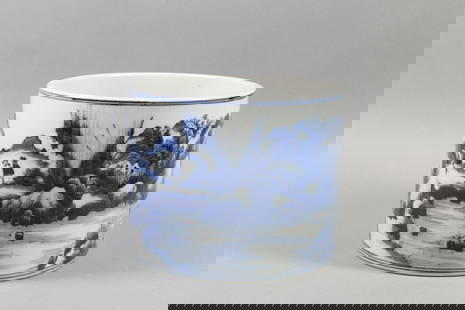 A Chinese Blue and White Porcelain Brush Pot: A Chinese Blue and White Porcelain Brush Pot. Ht. 15.5cm, Diam. 19.5cm