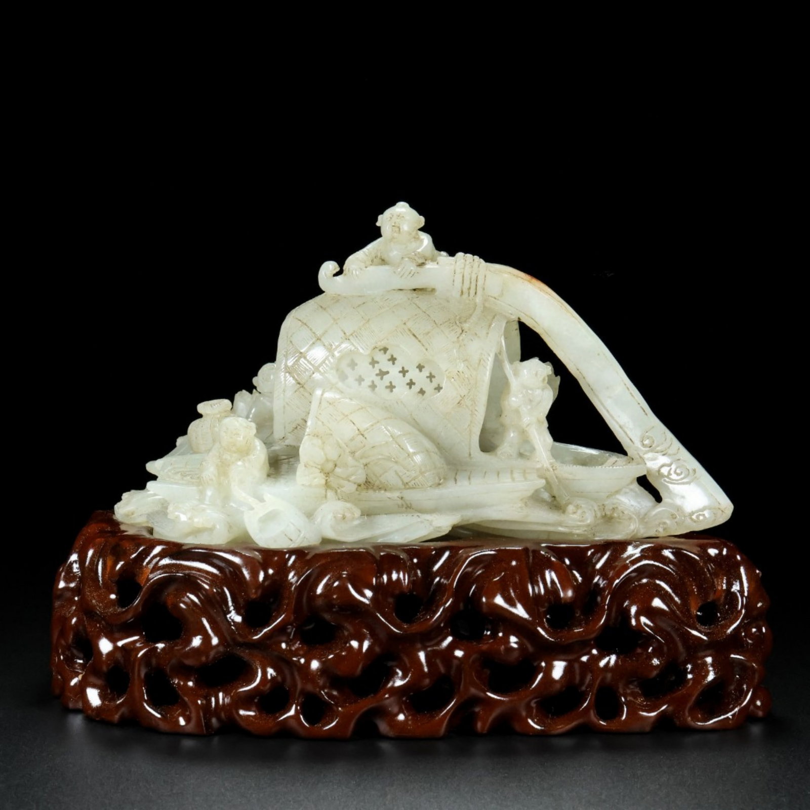 A Chinese Carved Jade Boat Decoration with Stand (1 of 9)
