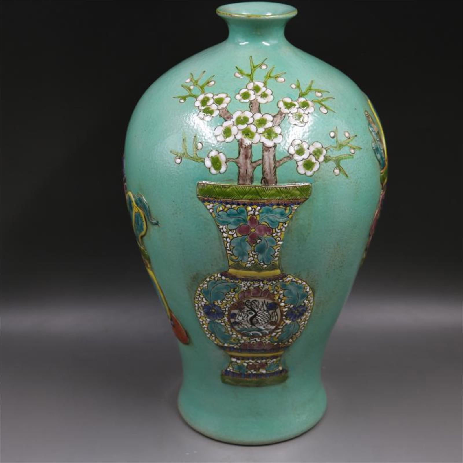 A Chinese Green Ground Famille-Rose Porcelain Vase: A Chinese Green Ground Famille-Rose Porcelain Vase. Ht. 40cm, Wd. 20cm,