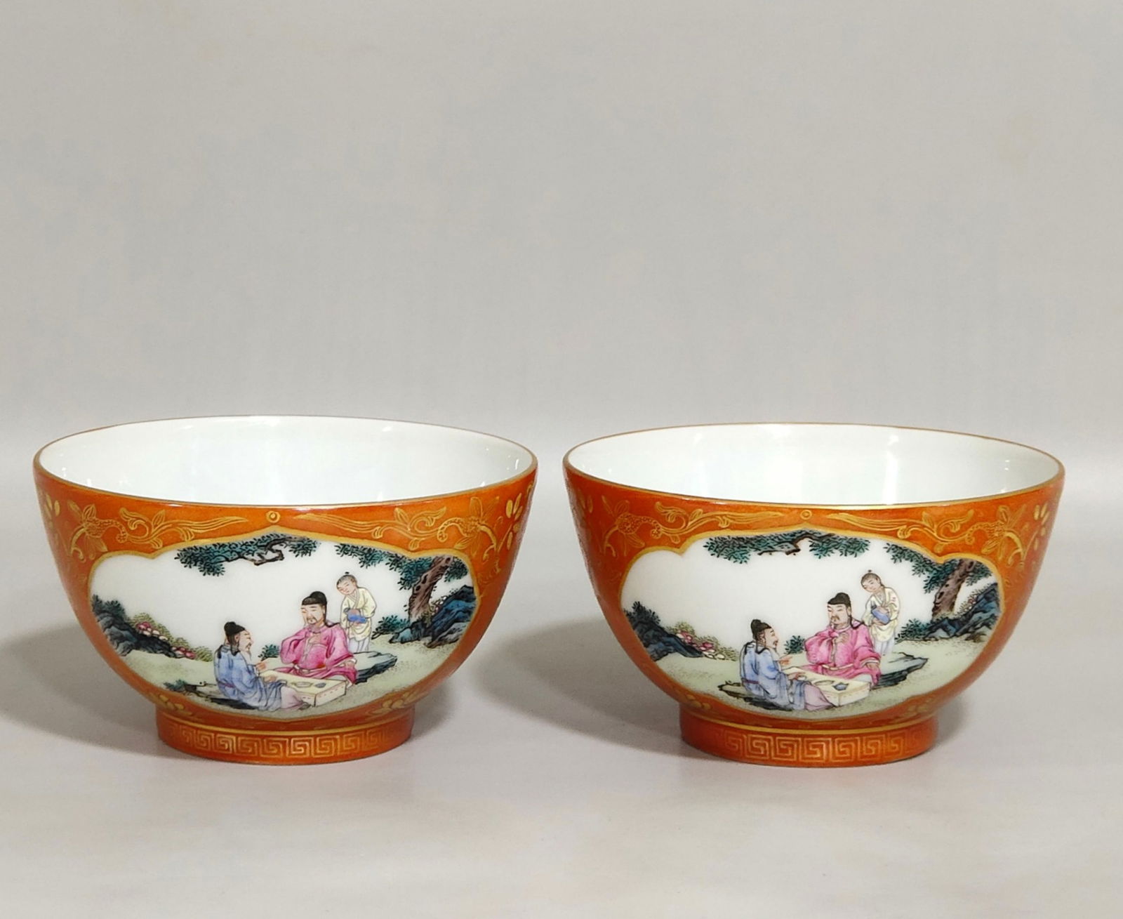 A Pair of Chinese Coral-Red Ground Famille-Rose Porcelain Cups (1 of 9)