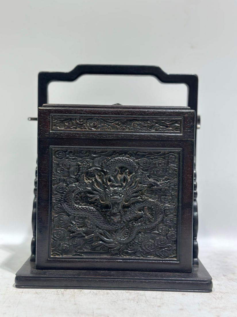 A Chinese Carved Hardwood Scholar Box with Lid and Handle (1 of 9)