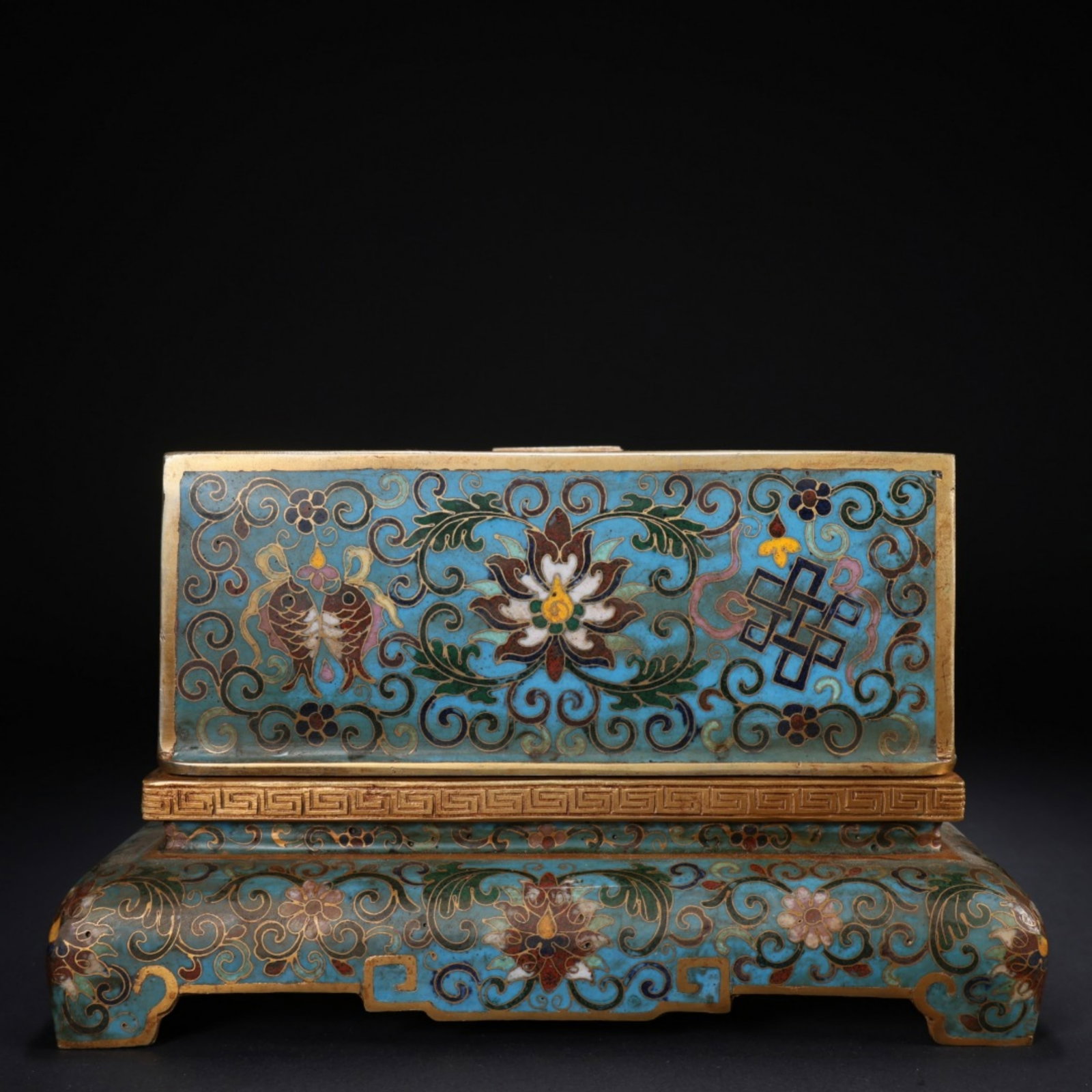 A Chinese Cloisonné Square Box with Lid: A Chinese Cloisonné Square Box with Lid. Lg. 28.5cm, Wd. 19.5cm, Ht. 11.7cm, Wt. 4076g