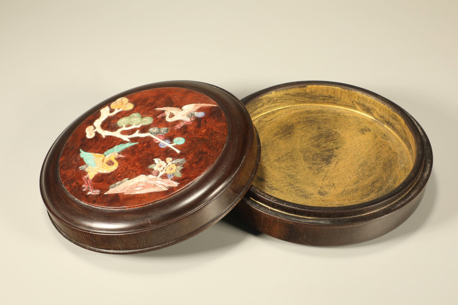 A Chinese Carved Hardwood Round Box with Lid and Hard-Stone Inlaid (1 of 7)