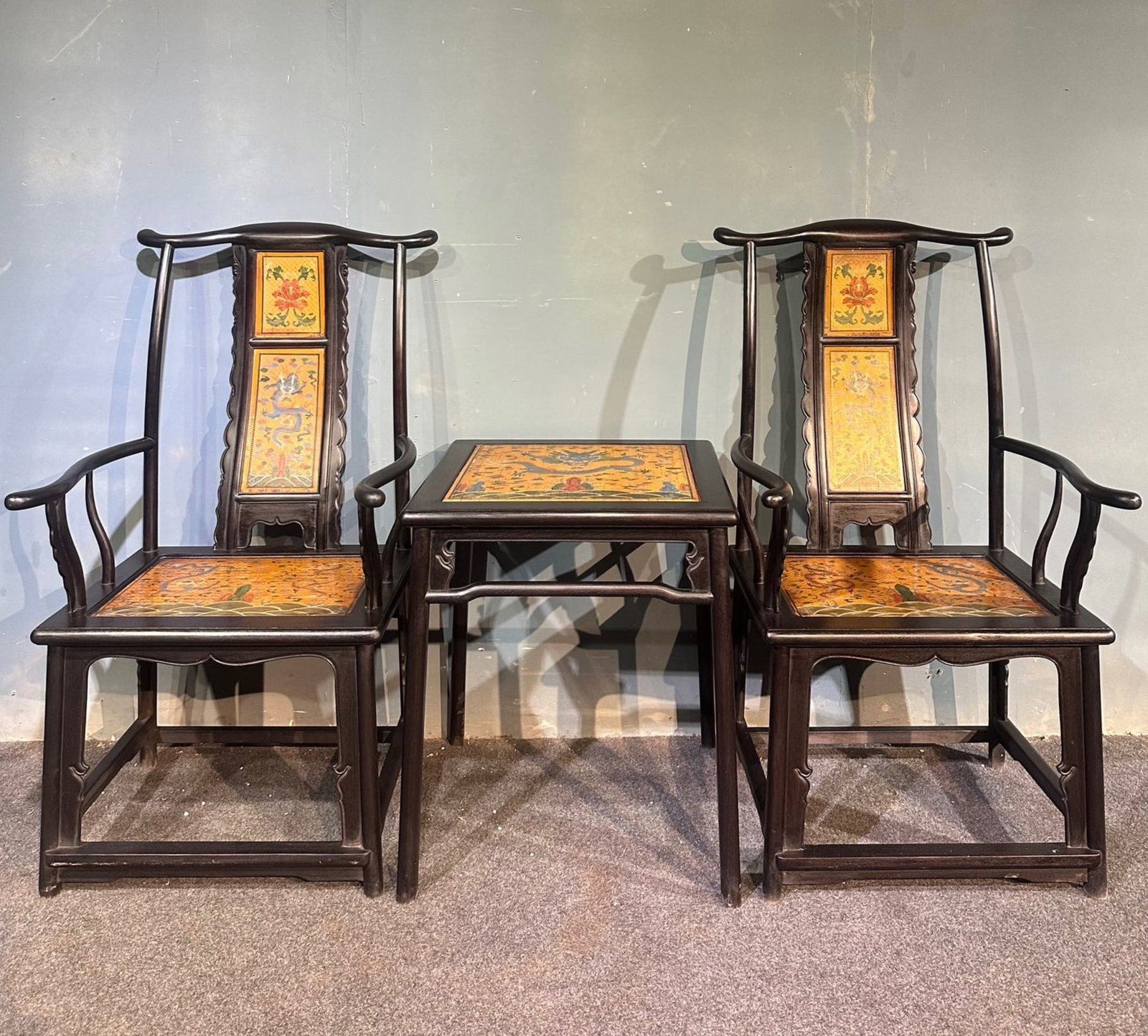 A Set of Chinese Carved Hardwood Chairs with Side Table (1 of 9)