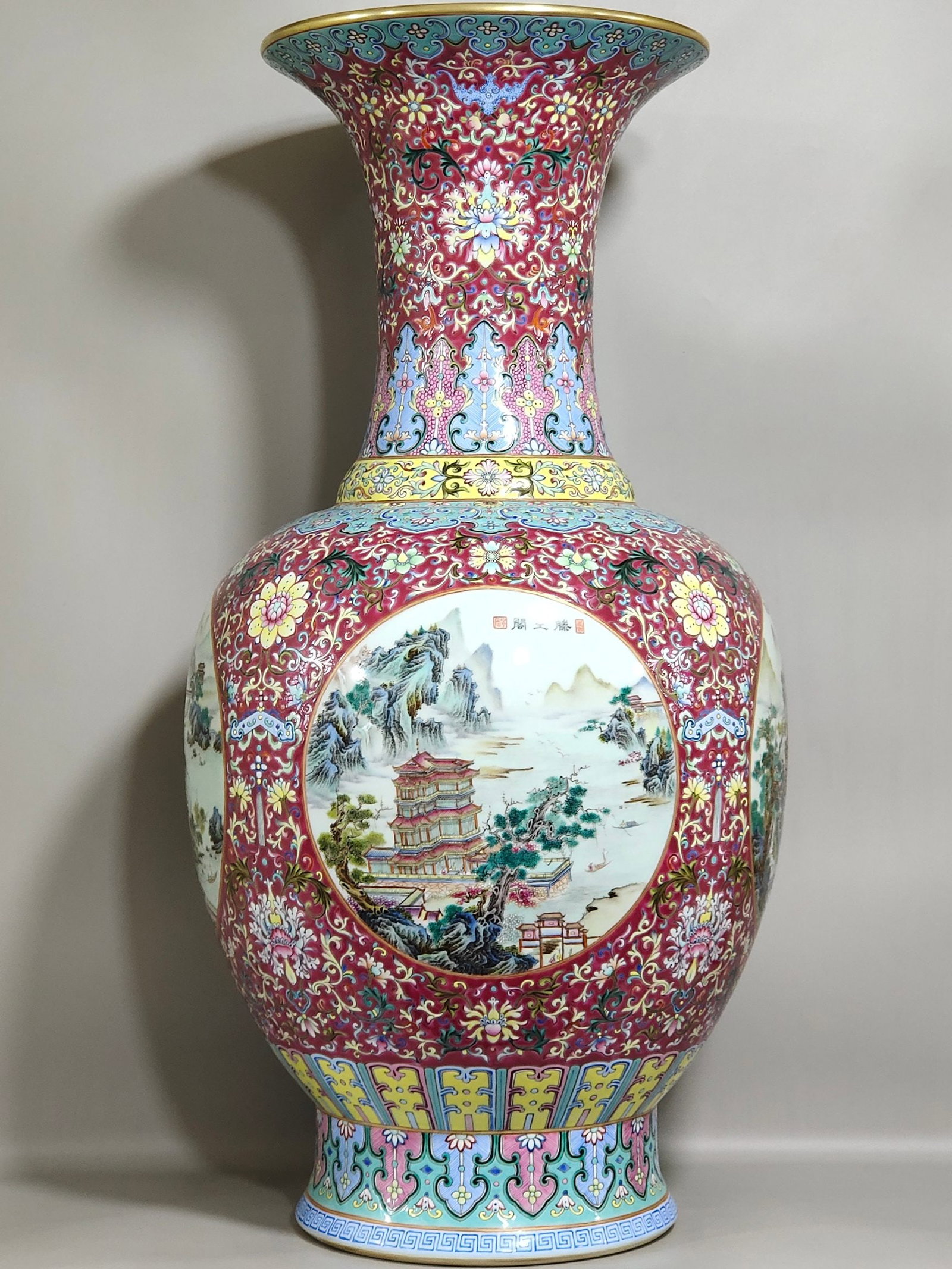 A Chinese Rouge-Red Ground Famille-Rose Porcelain Vase (1 of 9)