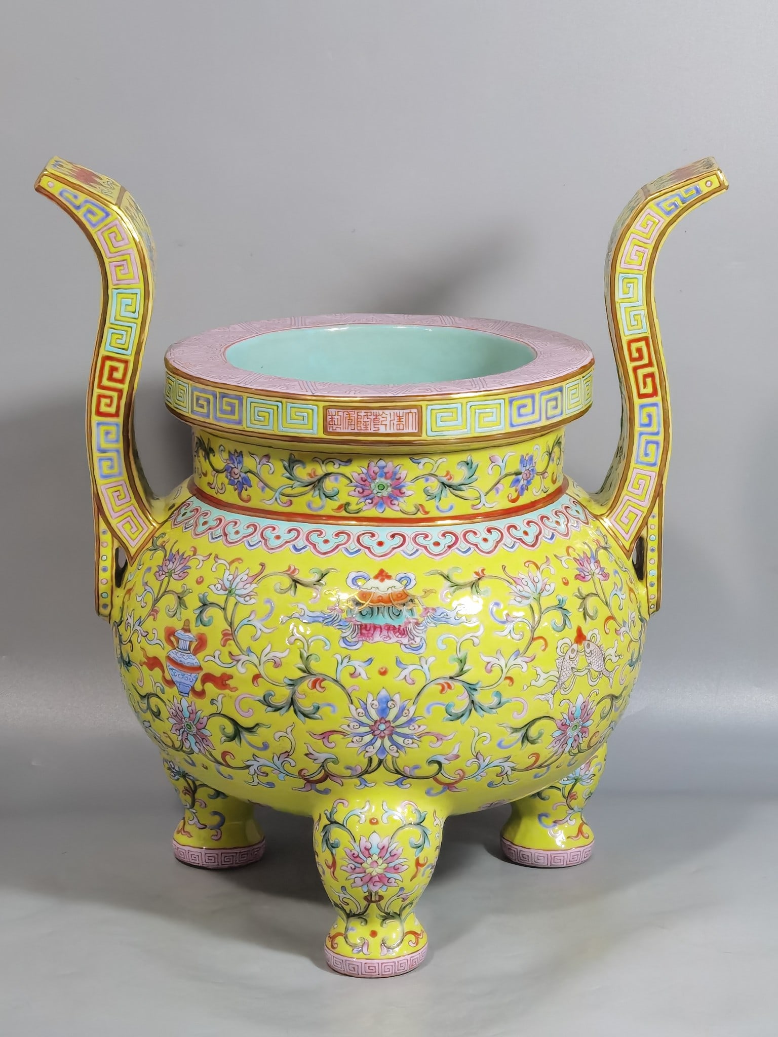 A Chinese Yellow Ground Famille-Rose Porcelain Incense Burner: A Chinese Yellow Ground Famille-Rose Porcelain Incense Burner. Ht. 30.5cm, Diam. 17cm, Diam. 22cm