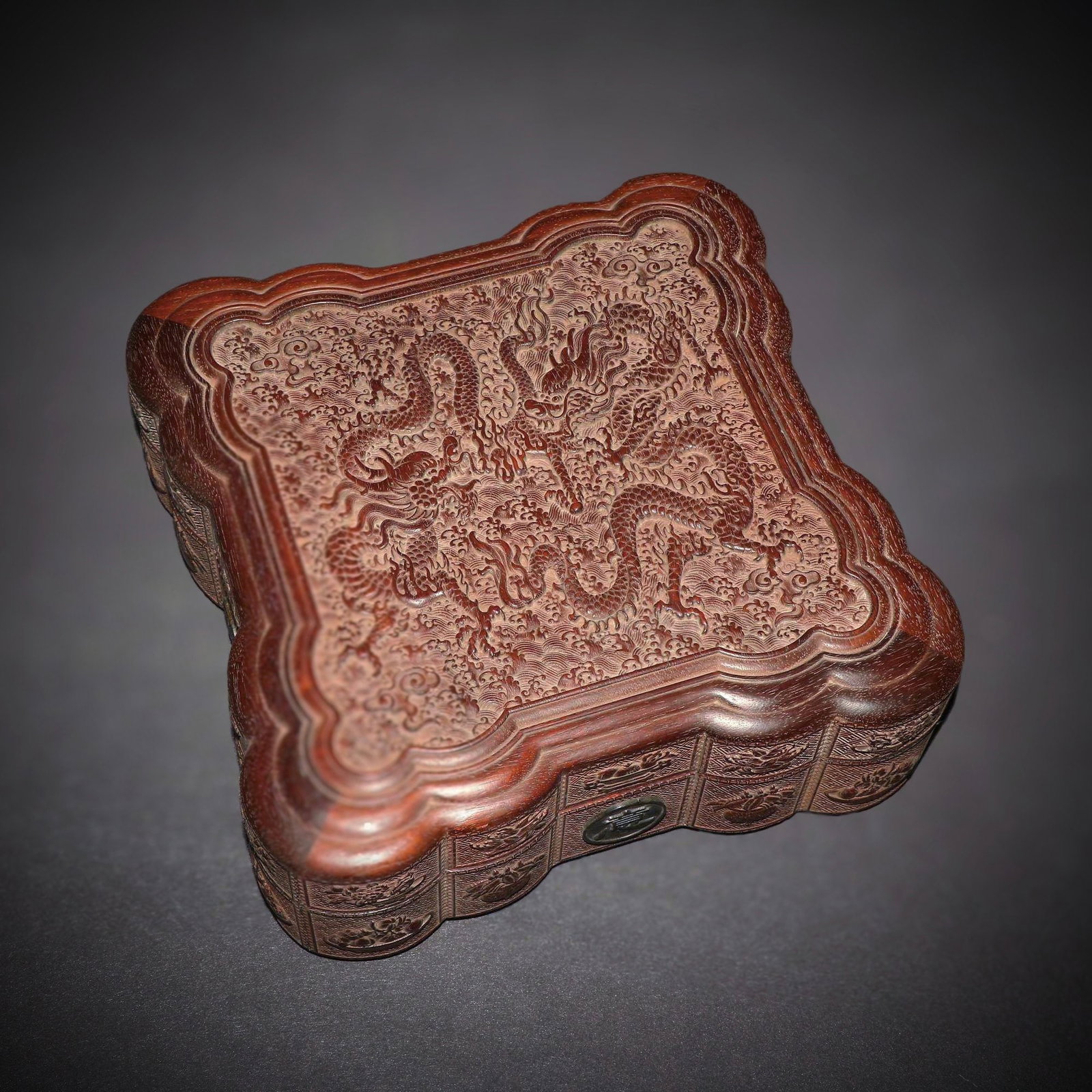 A Chinese Carved Hardwood Double Dragon Square Box with Lid (1 of 4)