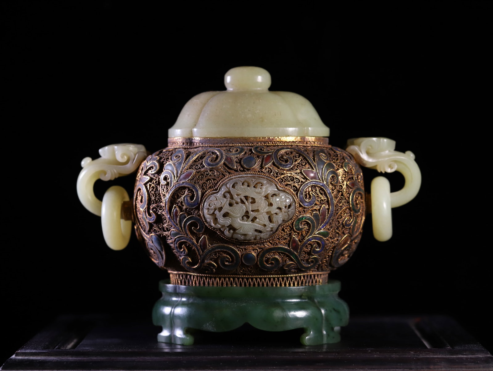 A Chinese Gilt Bronze Incense Burner with Carved Jade Lid and Stand: A Chinese Gilt Bronze Incense Burner with Carved Jade Lid and Stand. In General Ht. 13.8cm; The Incense Burner, Ht. 11.7cm, Wd. 18cm.Wt. 515g; The Jade Base, Lg. 10.2cm, Wd. 8.3cm, Ht. 3cm, Wt. 231.6g