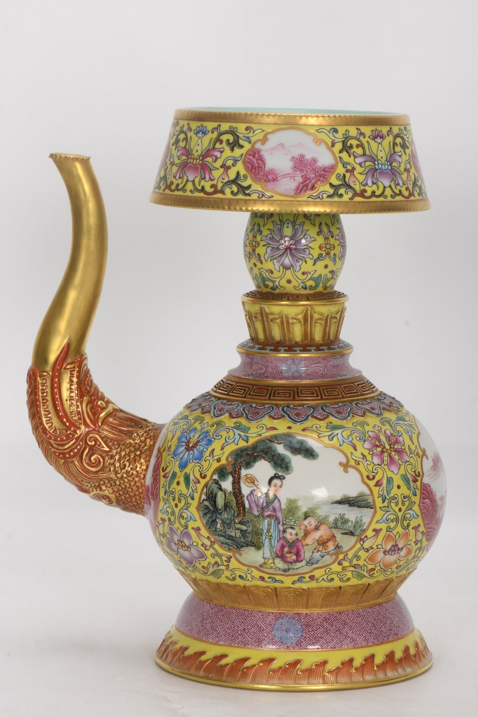 A Chinese Yellow Ground Enamel Glazed Porcelain Wine Pot: A Chinese Yellow Ground Enamel Glazed Porcelain Wine Pot. Ht. 24cm, Top Diam. 4.2cm, Diam. 18.5cm, Bottom Diam. 12.4cm