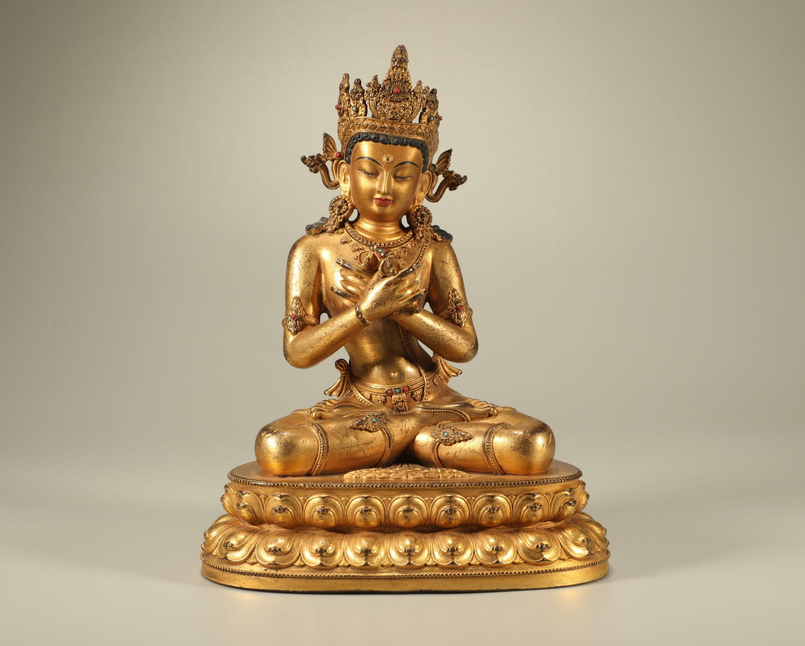 A Chinese Gilt Bronze Figure of Buddha: A Chinese Gilt Bronze Figure of Buddha. Ht. 21cm, Wd. 16cm, Lg. 12.6cm