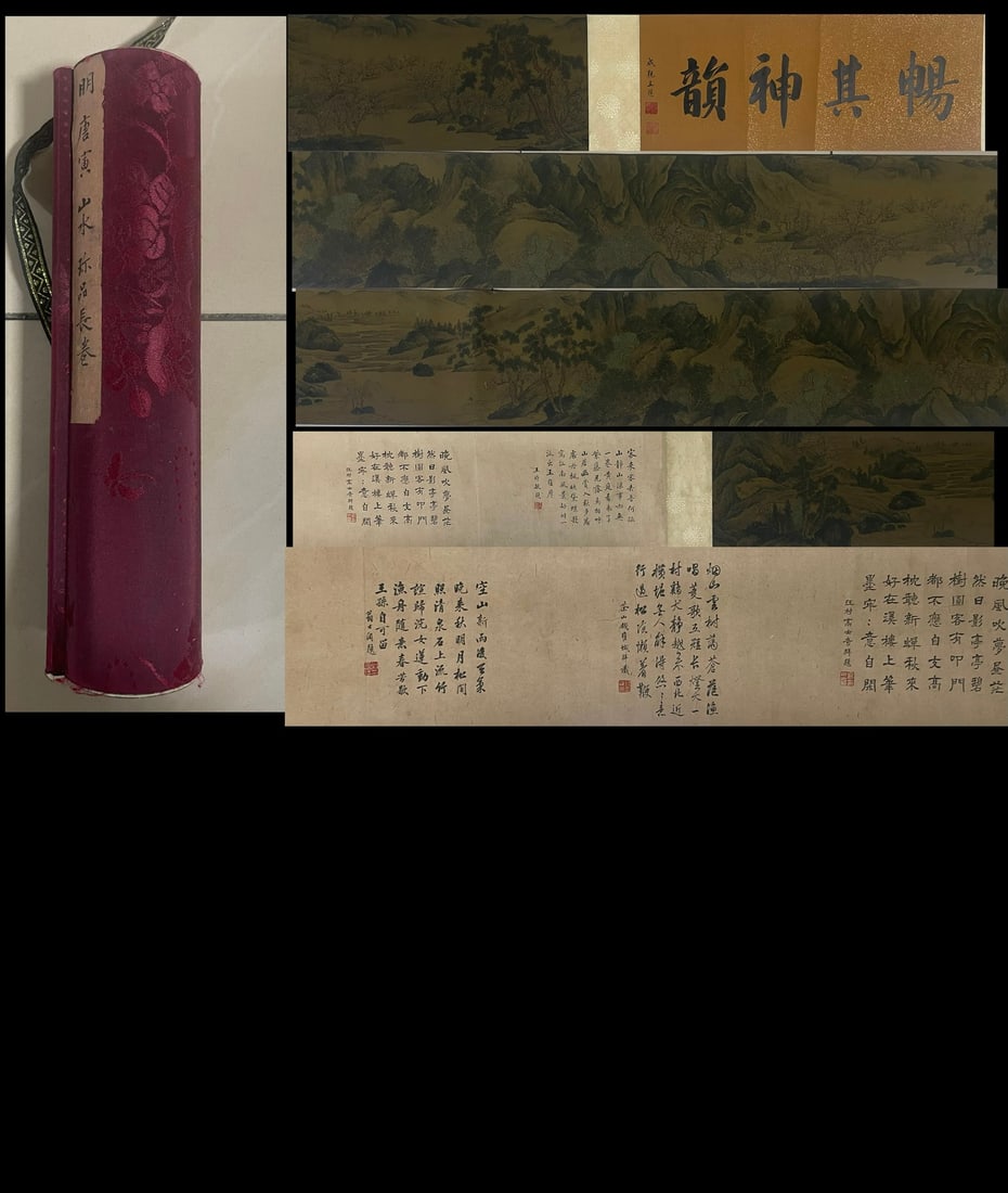 A Chinese Scroll Painting and Calligraphy: A Chinese Scroll Painting and Calligraphy. Wd. 27cm, Lg. 600cm