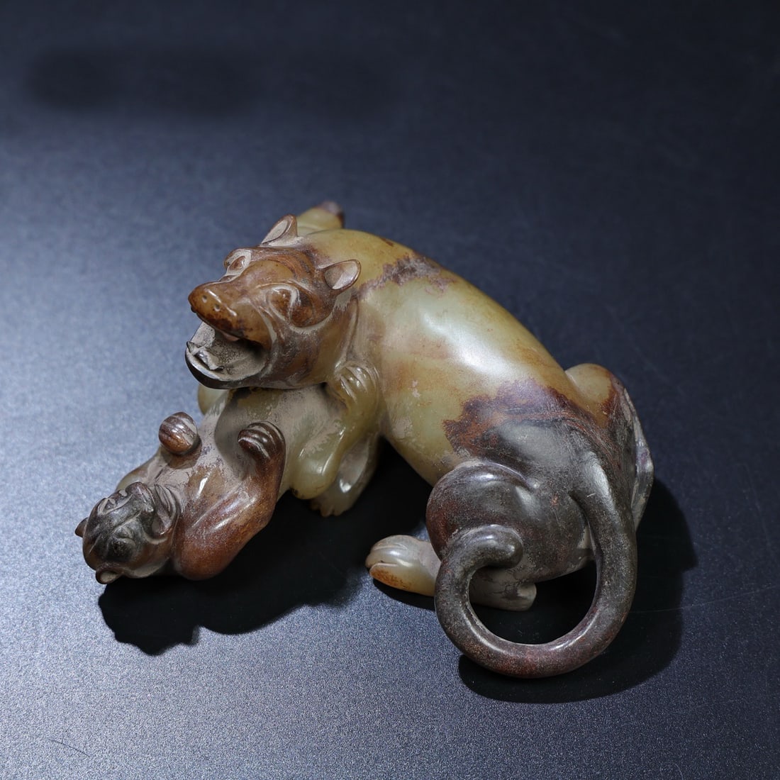 A Chinese Carved Jade Tiger and Bear Statuette: A Chinese Carved Jade Tiger and Bear Statuette. Lg. 10.5cm, Wd. 9.1cm, Th. 5.4cm, Wt. 320g