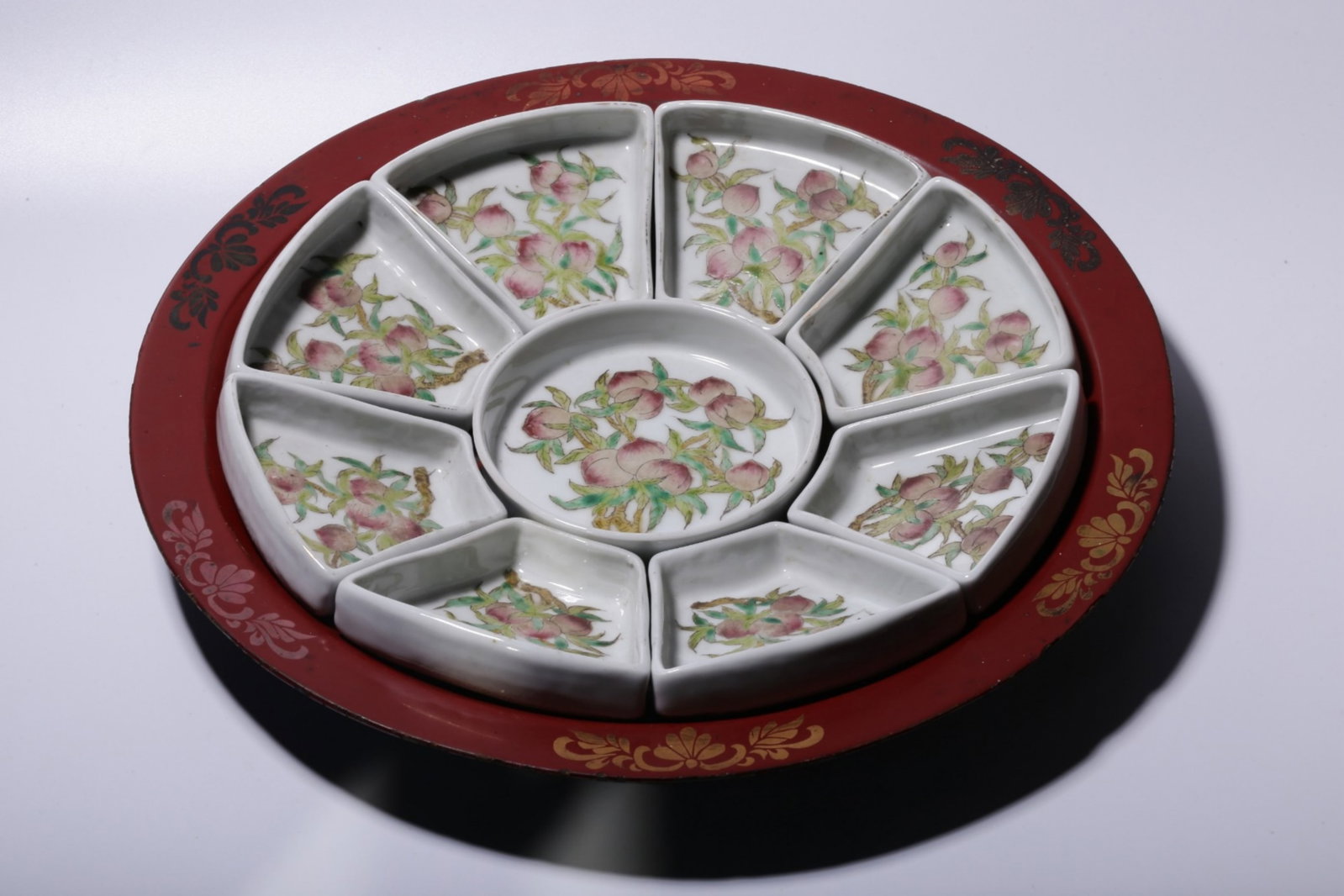 A Set of Chinese Famille-Rose Porcelain Plates with Lacquer Stand (1 of 10)
