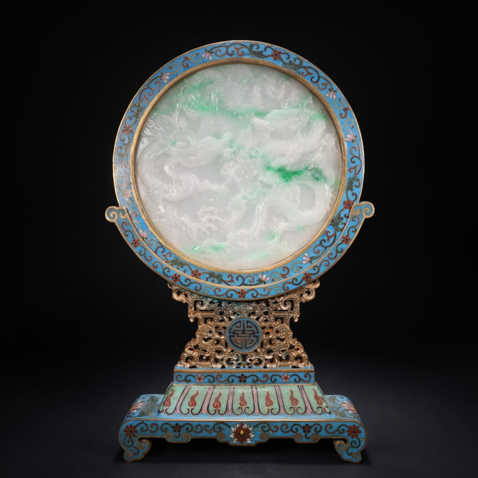 A Chinese Cloisonné Table Screen with Carved Jadeite Panel Inlaid (1 of 8)